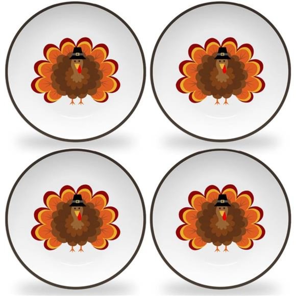 Thanksgiving Plates for Kids with Colorful TurkeySet of 4 Melamine Dishes